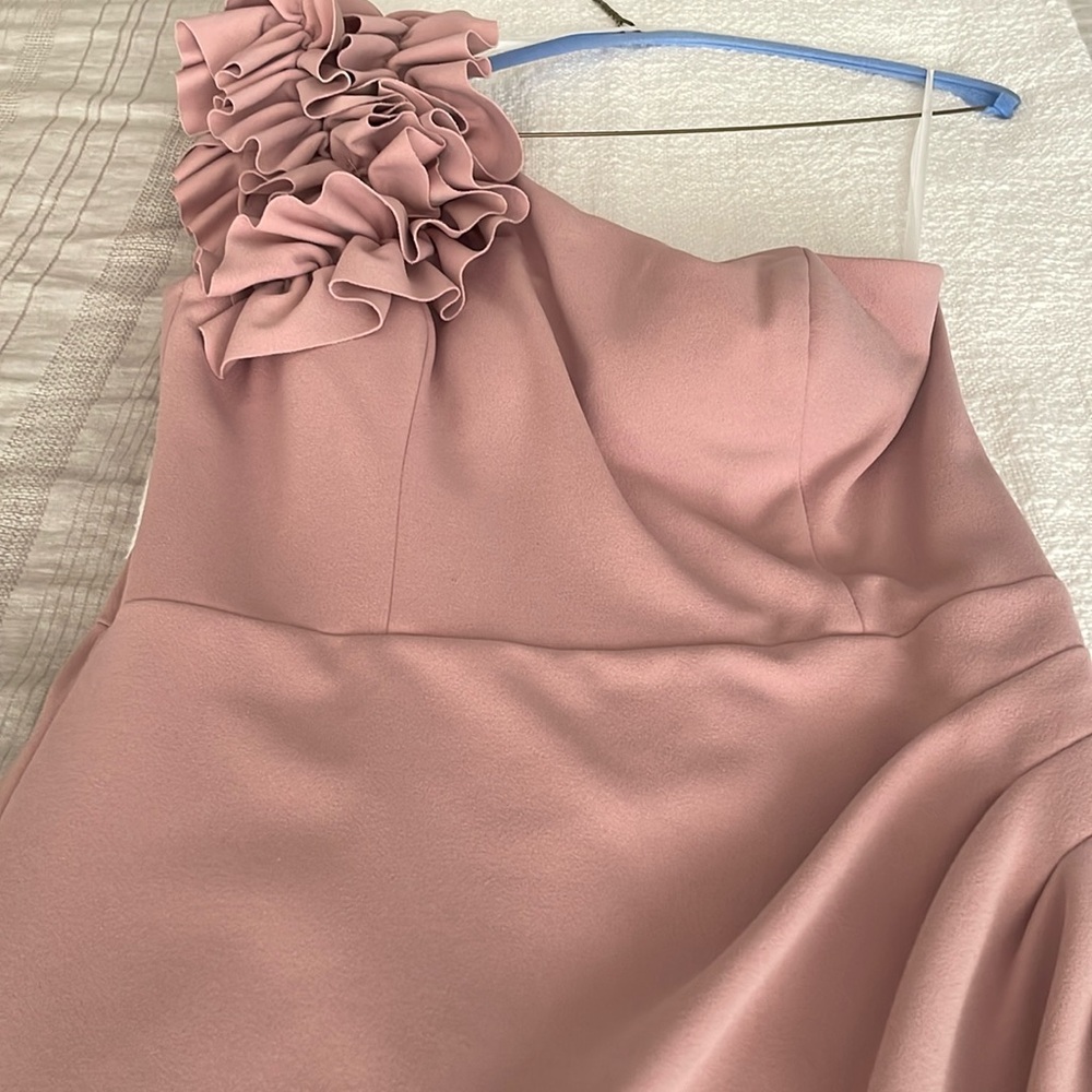 Dusty pink one shoulder faux wrap evening dress with ruffle detail